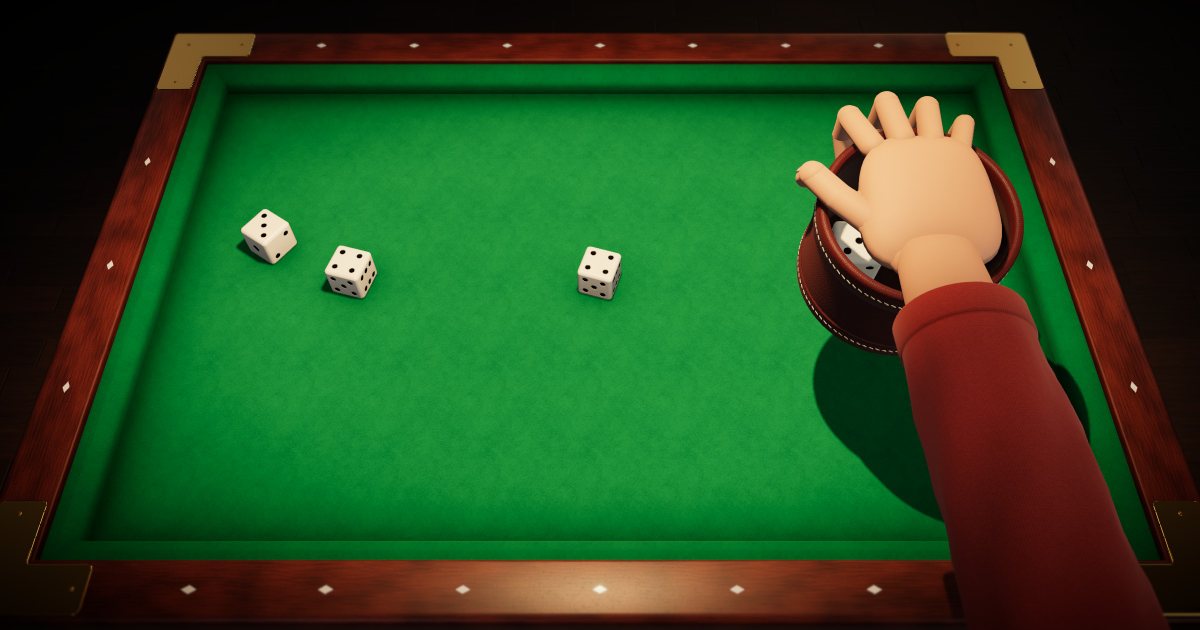Kniffel in 3D: a hand reaches into the leather dice cup, three dice lie next to it on the green felt.